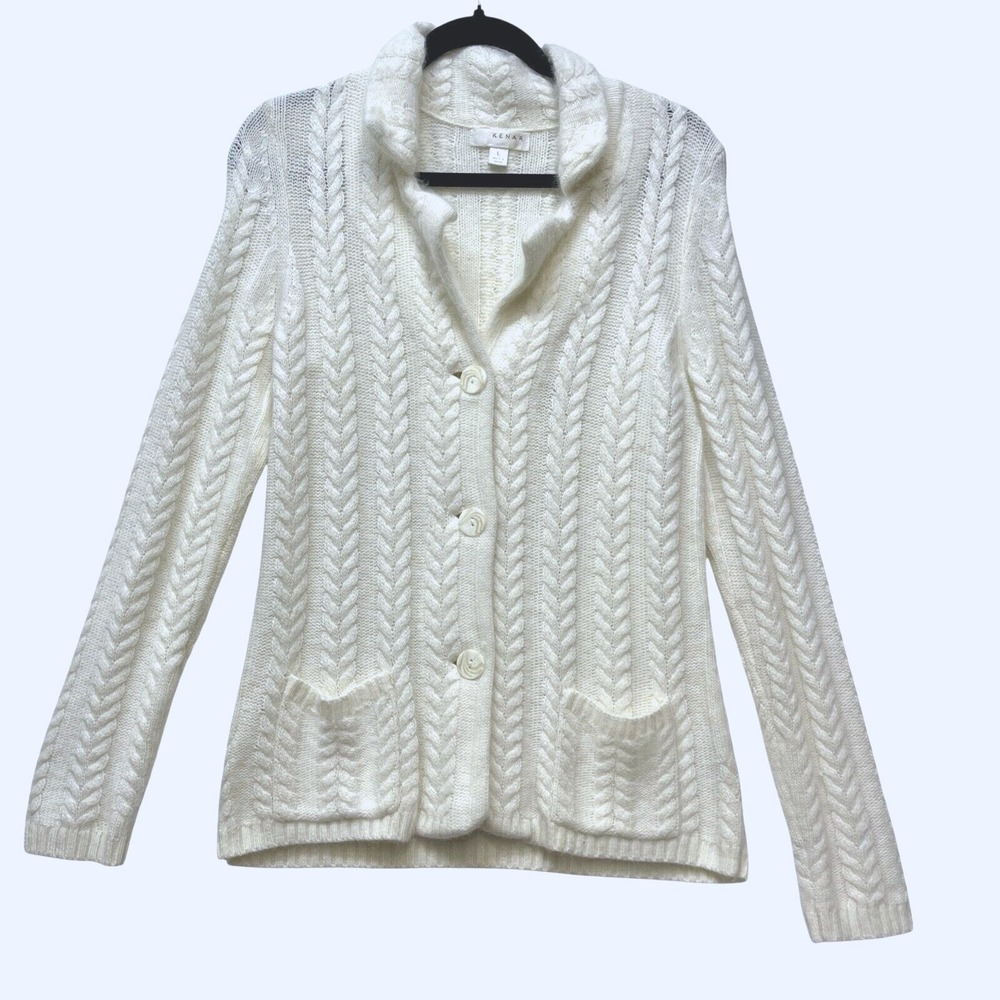 Kenar Cardigan Womens Size L Cable Knit Angora Rabbit Hair Blend‎ Button Front